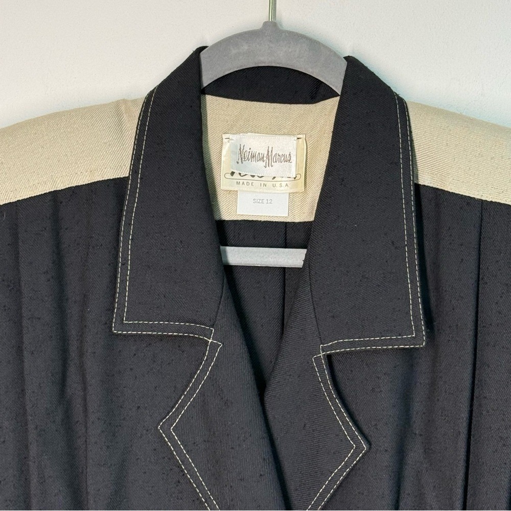 Vintage Neiman Marcus Womens 12 Colorblock Tuxedo Sheath Dress Black Beige 80s